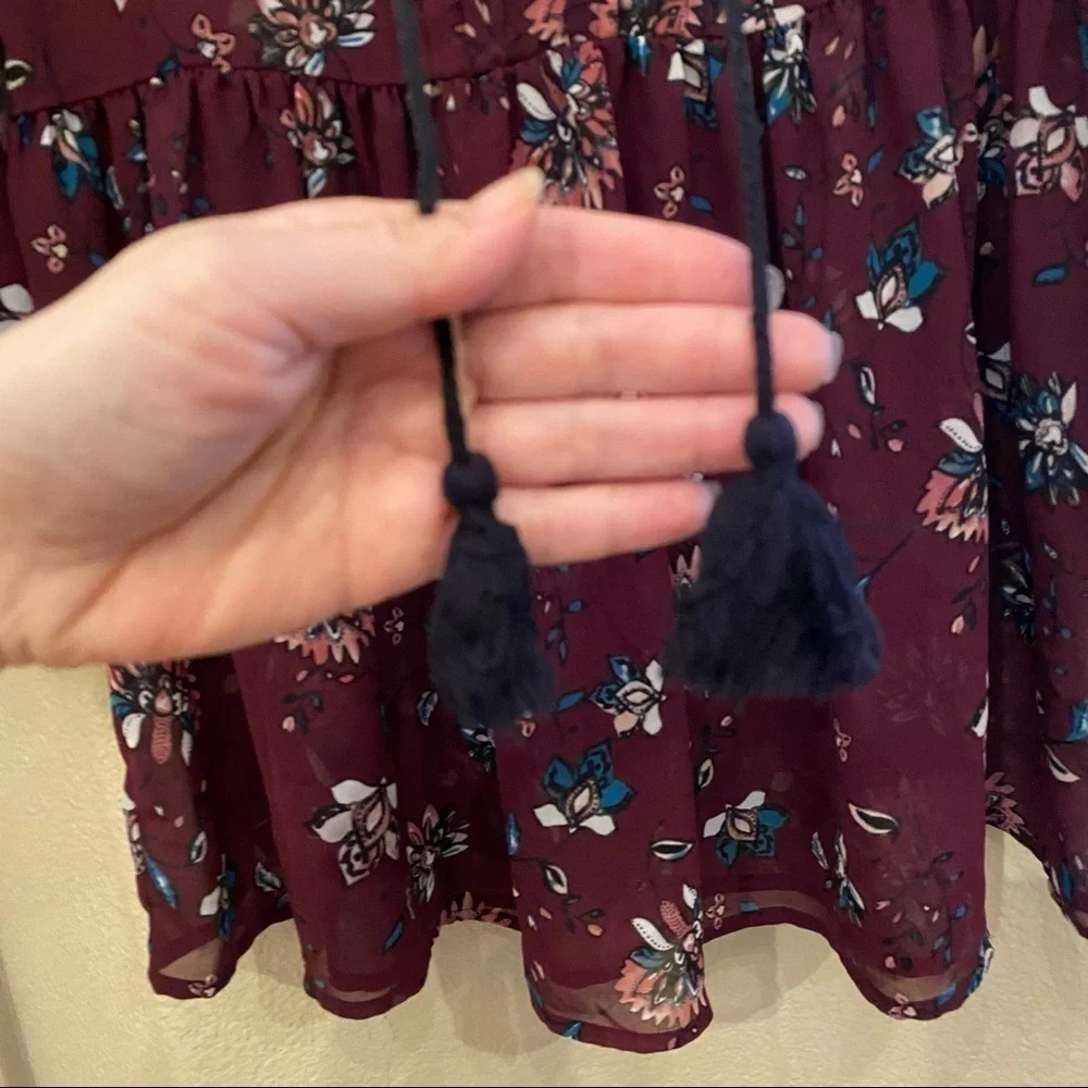 FOREVER 21 Women Burgundy Floral Semi-Sheer Tassel Boho Dress Size Small